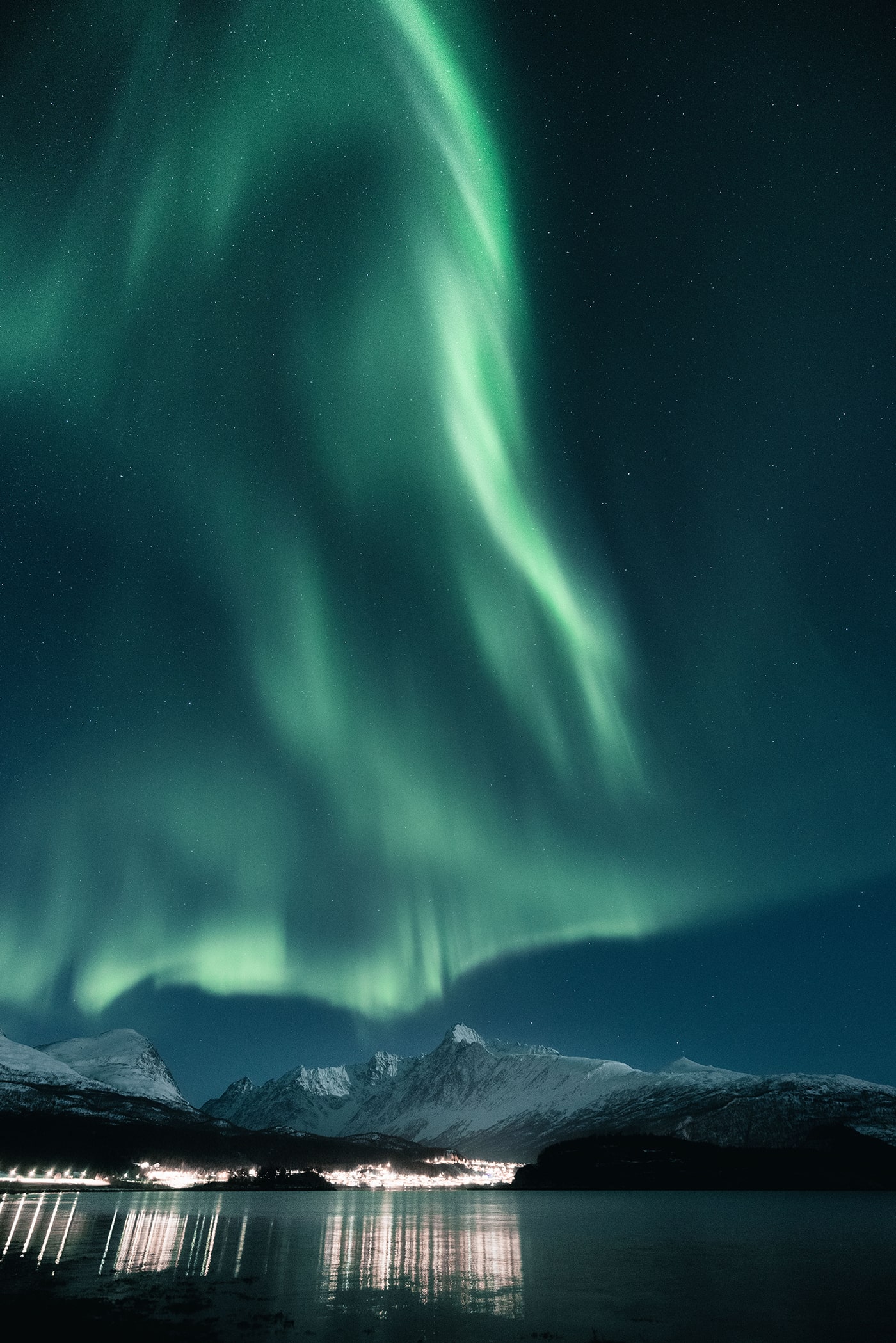 Polarlichter über den Lyngen Alps in Norwegen