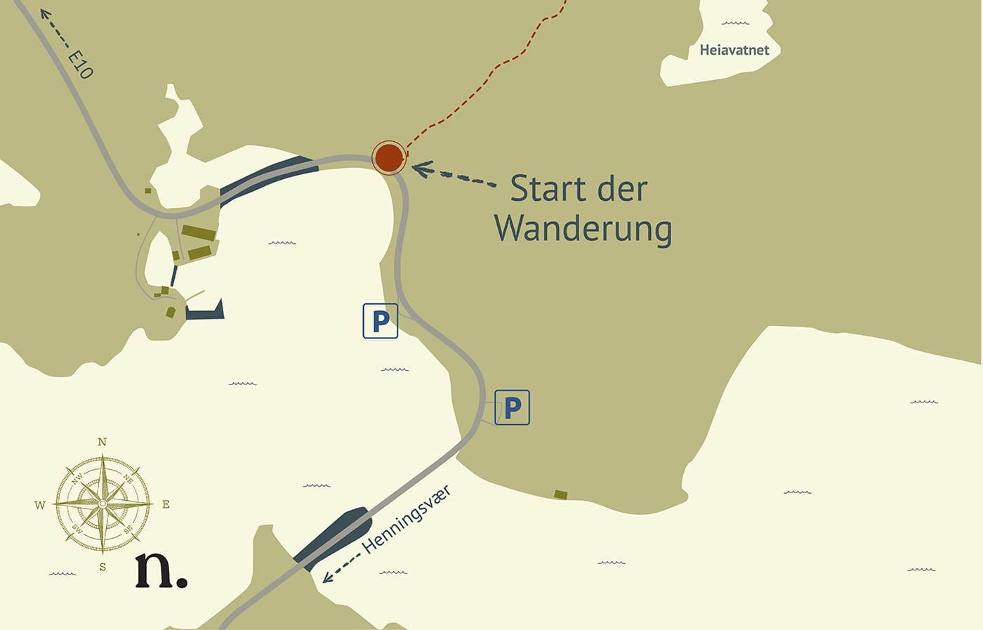 nfografik mit Karte zur Wanderung auf den Festvågtind bei Henningsvær auf den Lofoten – eingezeichnet sind Parkplätze, Startpunkt der Tour und der Wegverlauf.