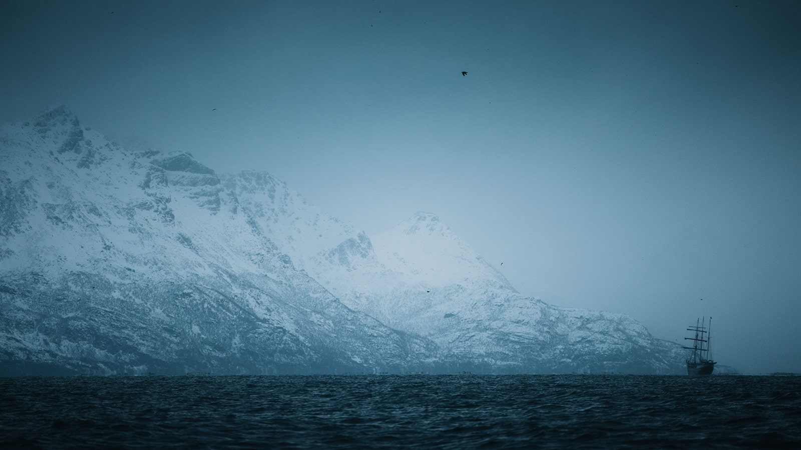 Norwegischer Fjord im Norden mit einsamem Segelschiff auf Entdeckungstour