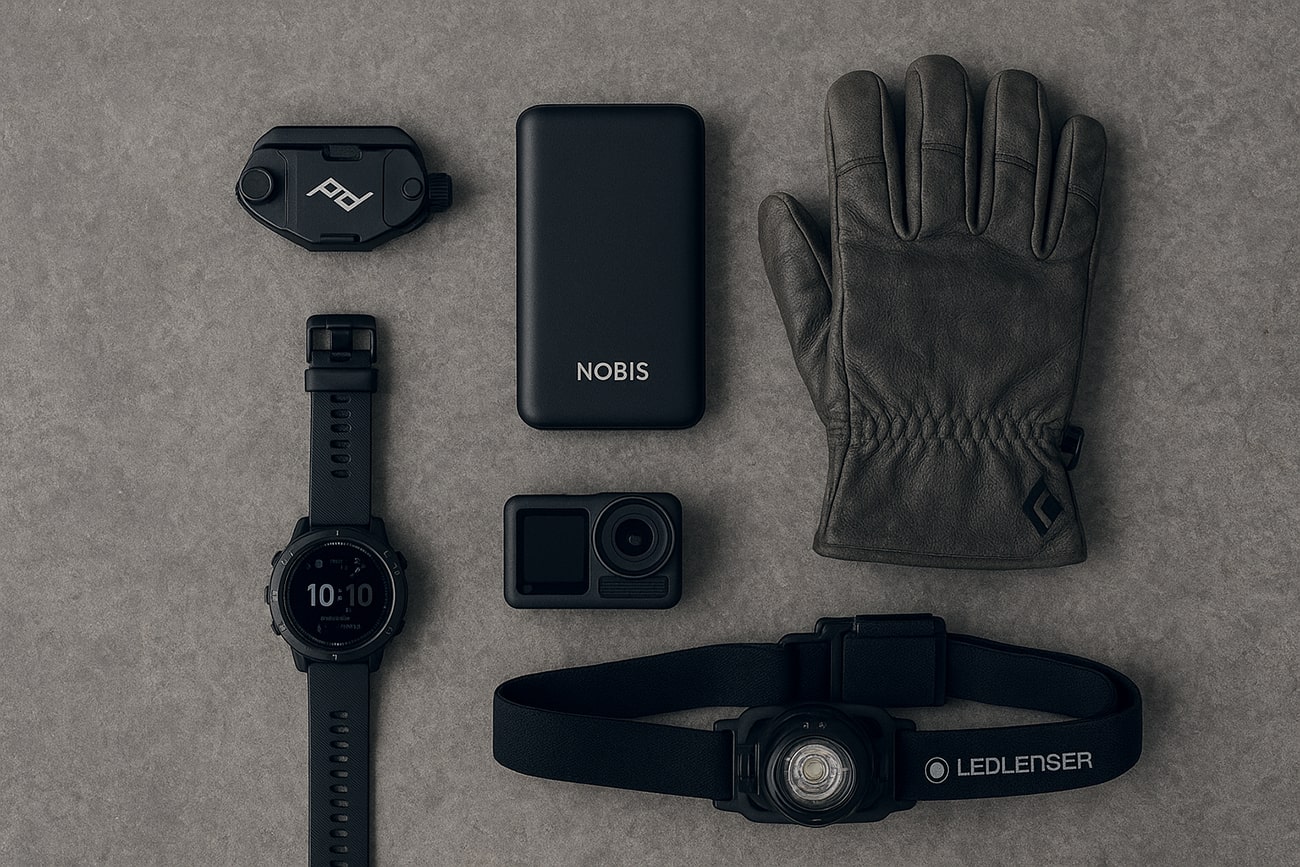 Sechs hochwertige Reise-Gadgets 2026 flach auf felsigem Untergrund angeordnet: Garmin Fenix 8 LTE, DJI Action 5, Peak Design Capture Clip, NOBIS Powerbank, Black Diamond Handschuhe und Ledlenser Stirnlampe – robuste Ausrüstung für Outdoor-Abenteuer im Norden.