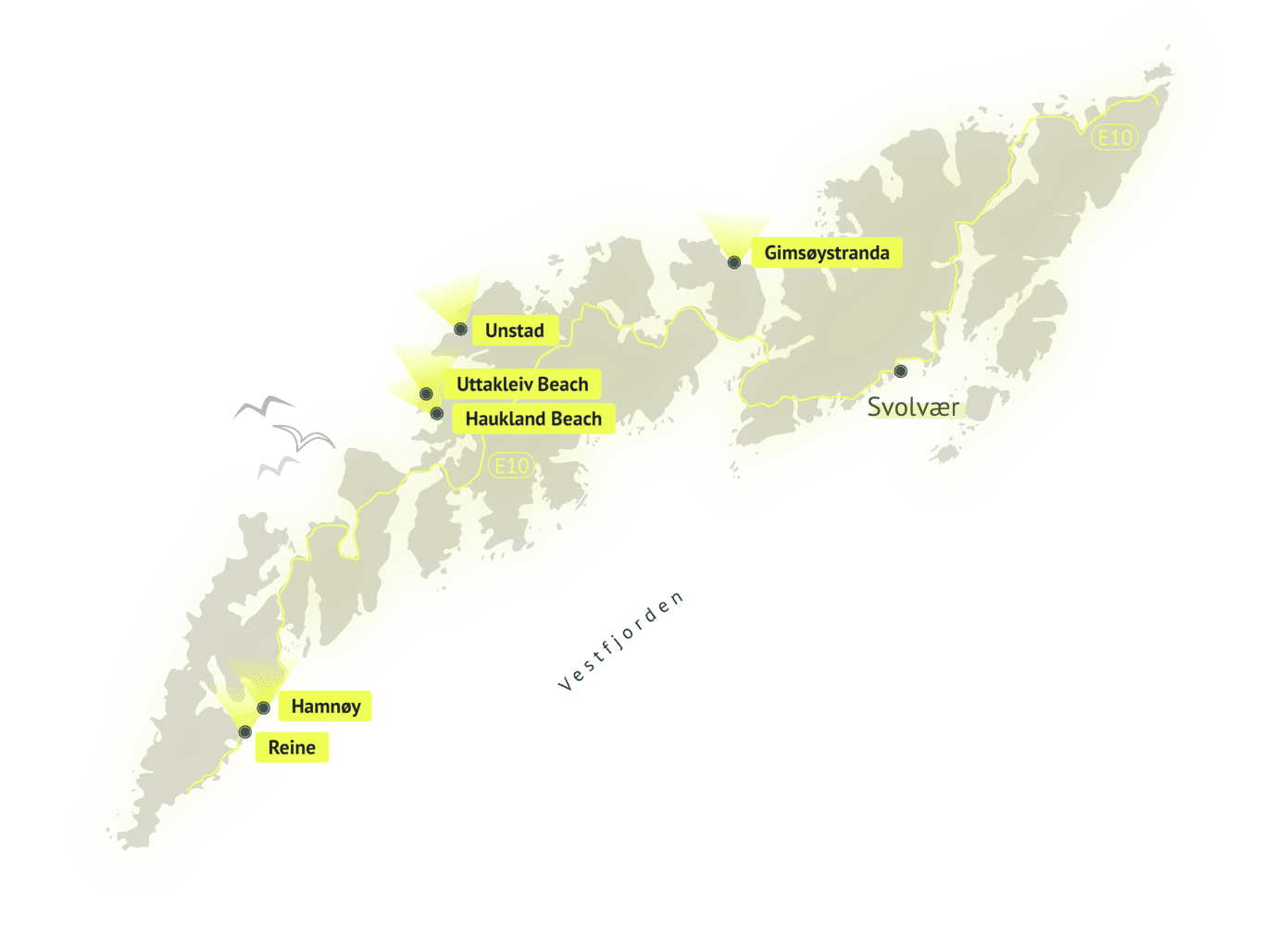 Karte der Lofoten mit markierten Orten für Polarlichtbeobachtungen, darunter Reine, Hamnøy, Haukland Beach und Uttakleiv Beach.