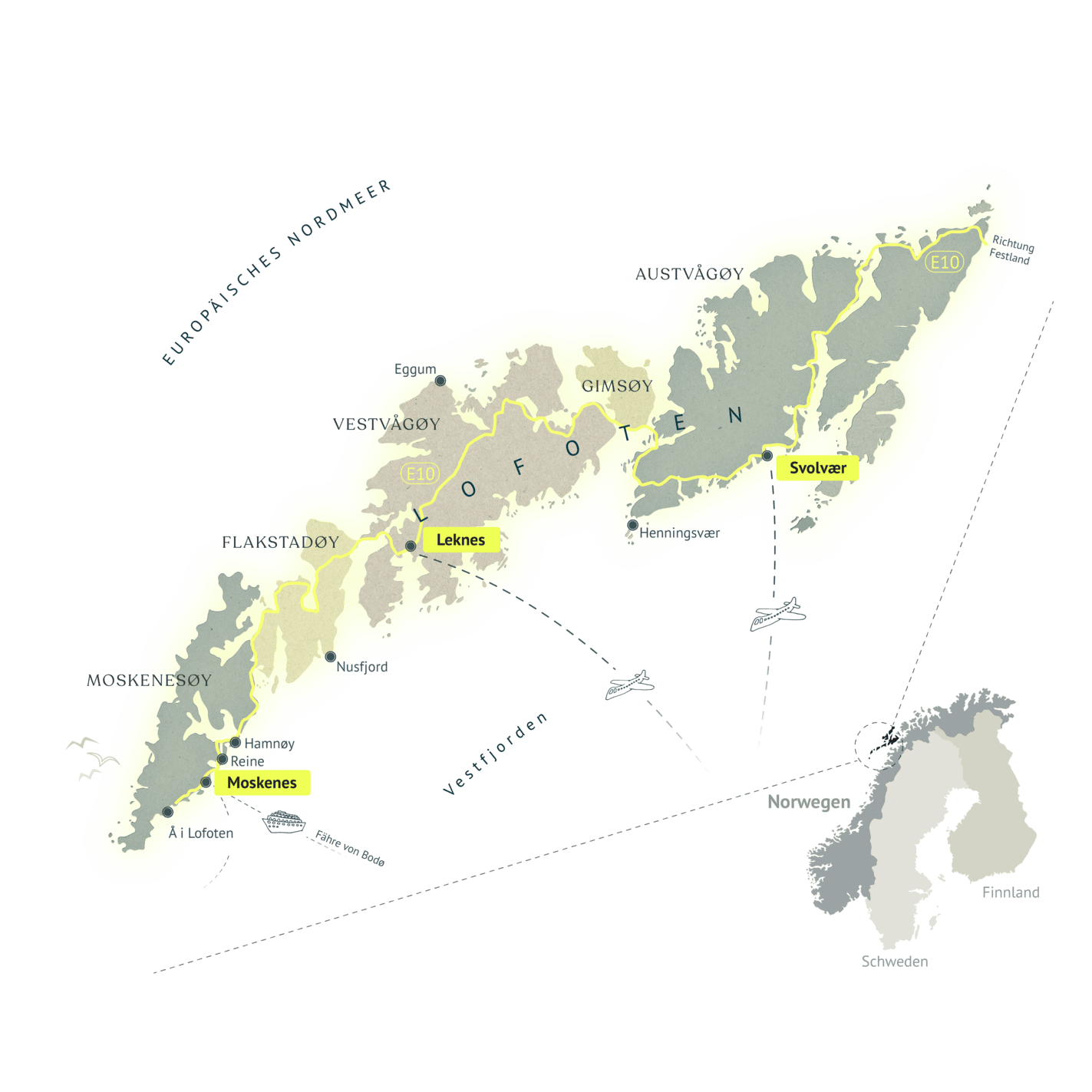 Lofoten Karte mit den wichtigsten Orten entlang der E10: Svolvær, Henningsvær, Leknes, Nusfjord, Reine und Å, dazu Fähre von Bodø nach Moskenes und Flugverbindungen
