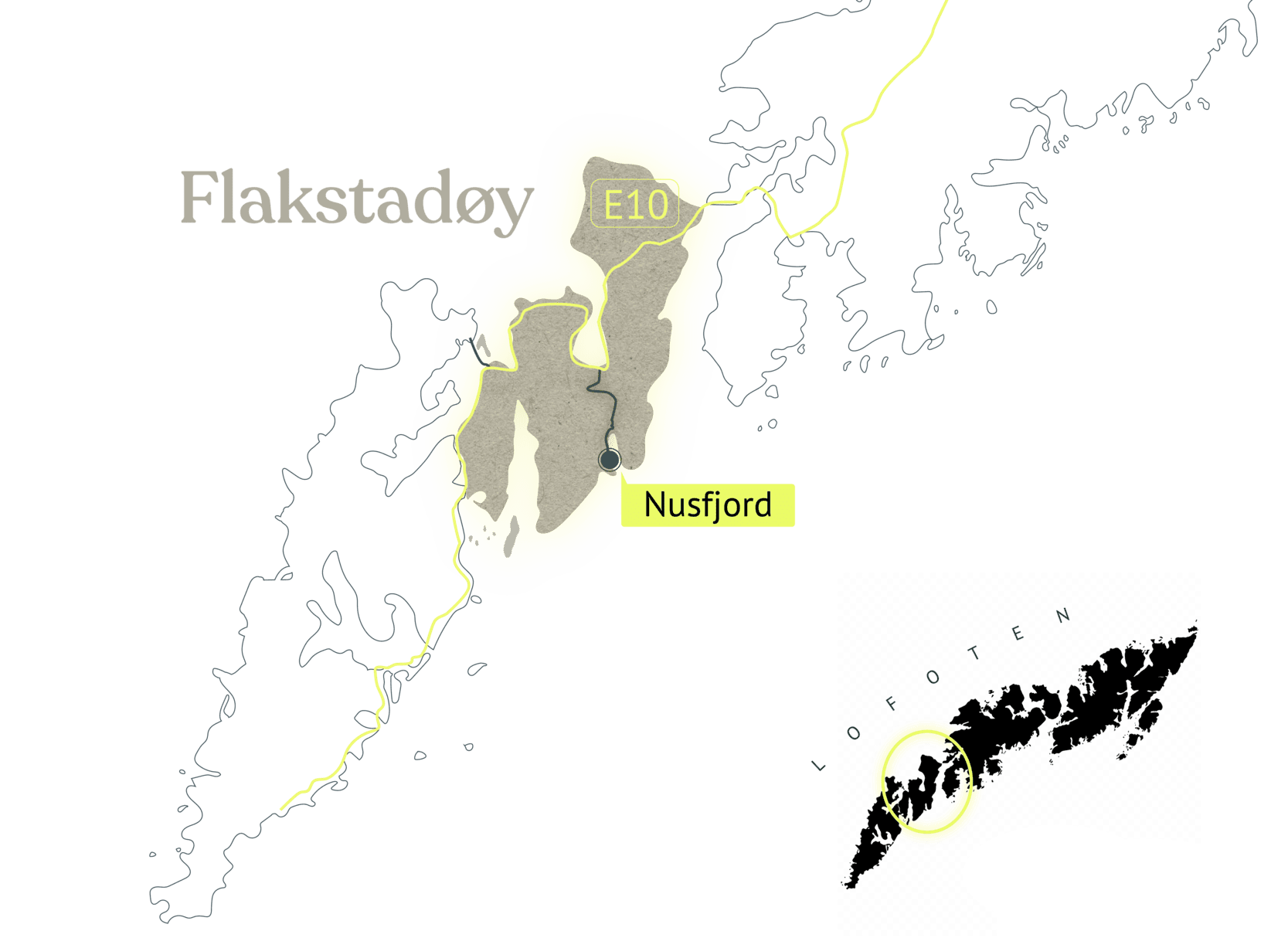 Karte von Flakstadøya auf den Lofoten: Die E10 quert die Insel, der Fylkesvei 807 zweigt ab und führt durch das Tal nach Nusfjord.