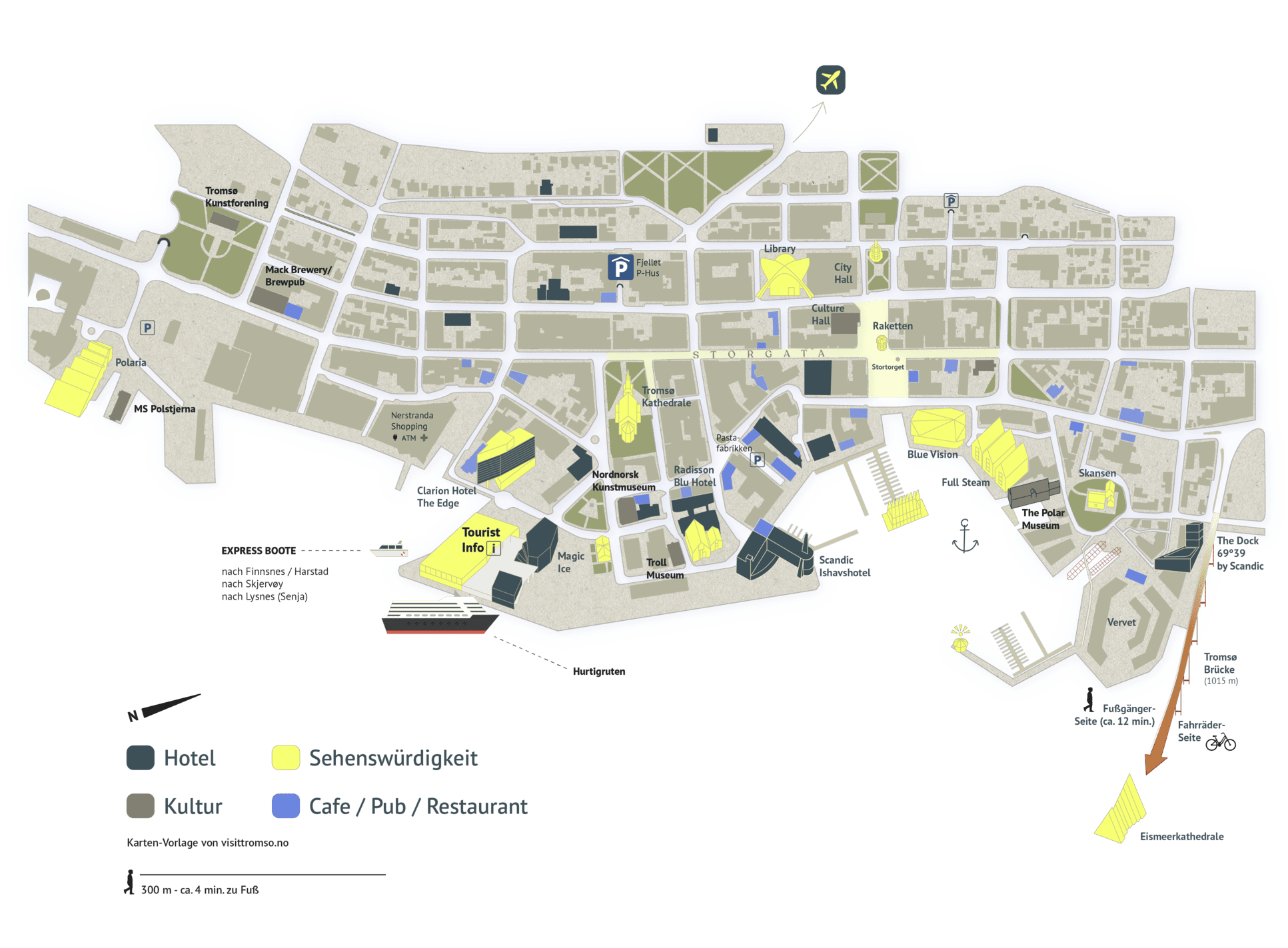 Karte vom Zentrum in Tromsø mit Sehenswürdigkeiten, Hotels, Restaurants und Parkhäusern