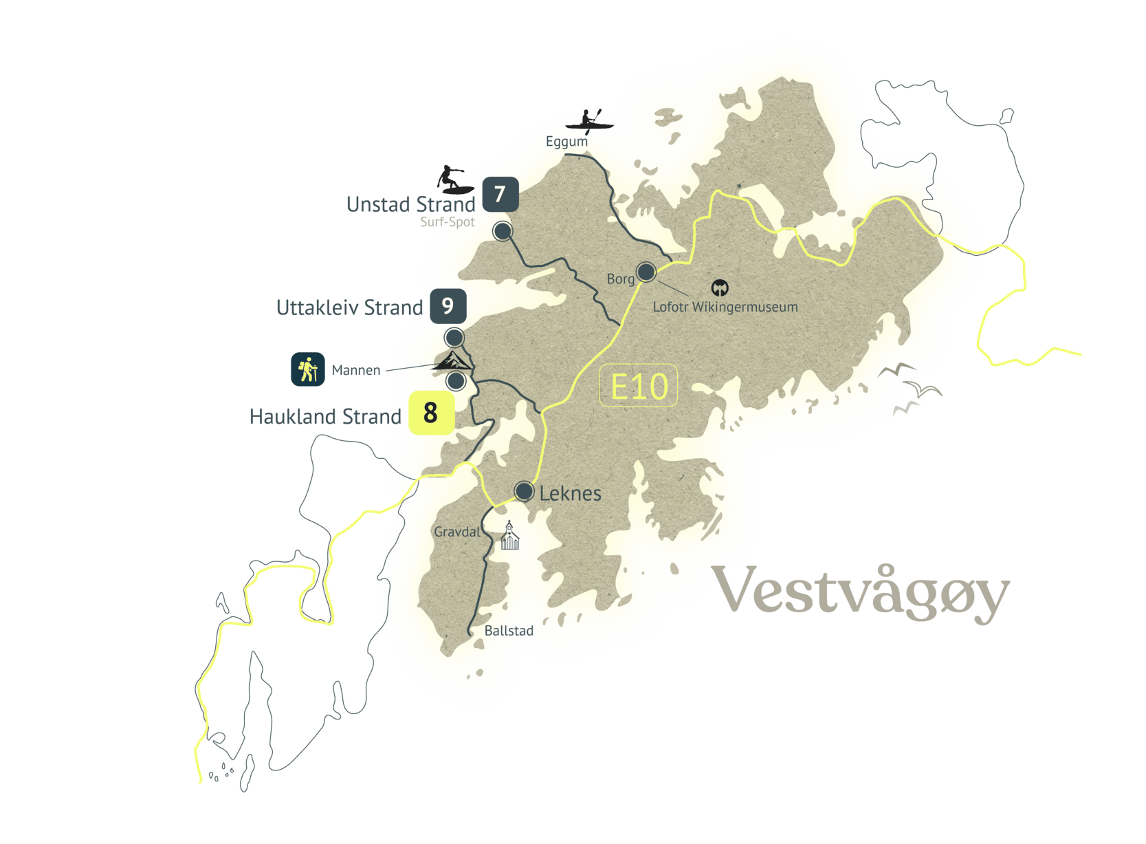 Karte der Lofoten Sehenswürdigkeiten auf Vestvågøy: Unstad Strand, Haukland Strand und Uttakleiv Strand, dazu Eggum, der Aussichtsberg Mannen und das Lofotr Wikingermuseum in Borg