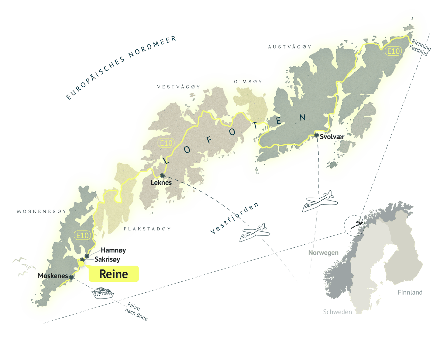 Karte der Lofoten mit der Anreise nach Reine: E10, Fährverbindung ab Moskenes und die Flughäfen Leknes und Svolvær