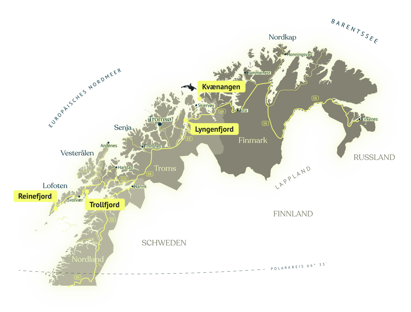 Karte Nordnorwegens mit den vier Fjorden Reinefjord, Trollfjord, Lyngenfjord und Kvænangen zwischen Lofoten und Nord-Troms, dazu E6 und E10, Polarkreis und die wichtigsten Orte