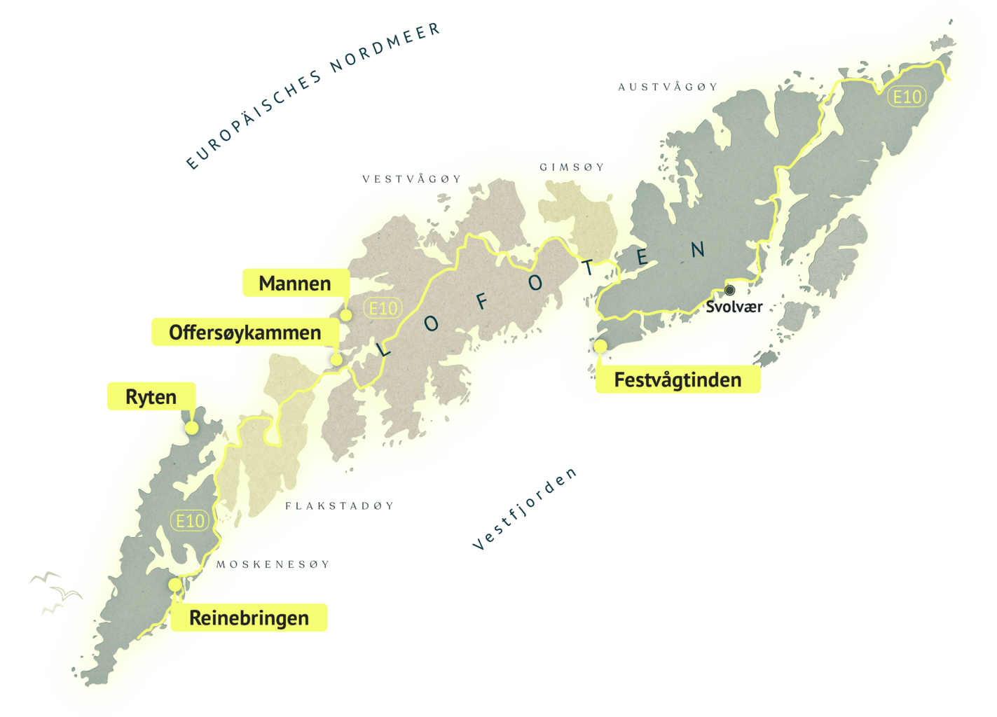 Karte der Lofoten mit den Ausgangspunkten der fünf Wanderungen Reinebringen, Ryten, Offersøykammen, Mannen und Festvågtinden entlang der E10